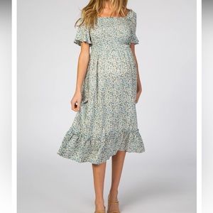 Light blue floral ruffle maternity midi dress, size medium